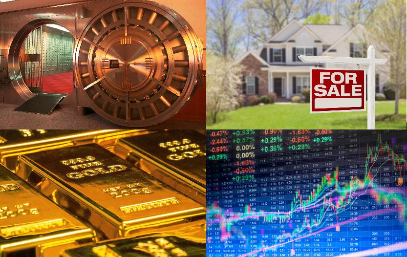 Financial assets including precious metals, real estate, cash reserves, and stocks