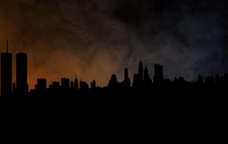 Dark city skyline during an electrical blackout