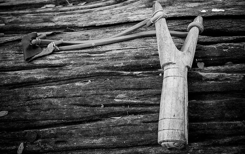 Wooden slingshot used for small-game hunting