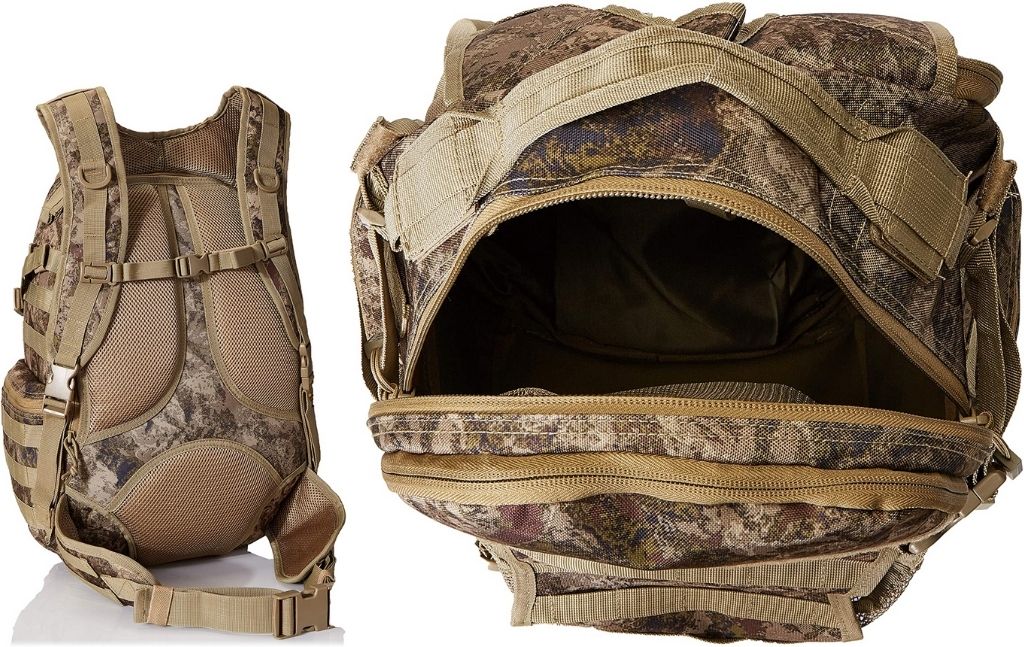 Rear padding and open main compartment of a camouflage SOG backpack