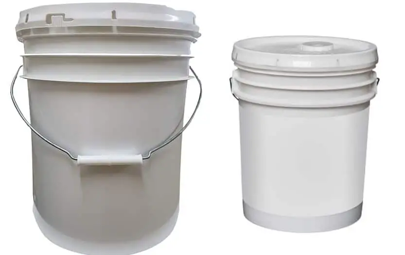 Two white 5-gallon buckets with lids and carrying handles