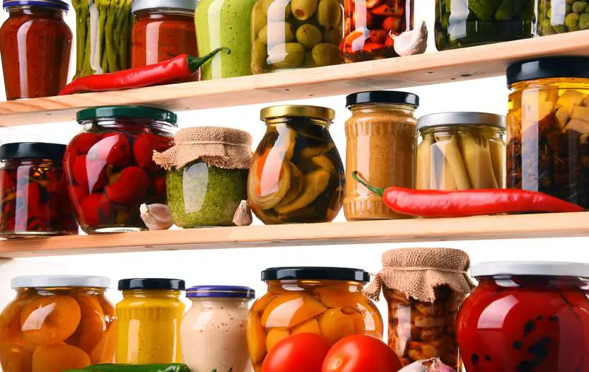 Shelves filled with jars of preserved food