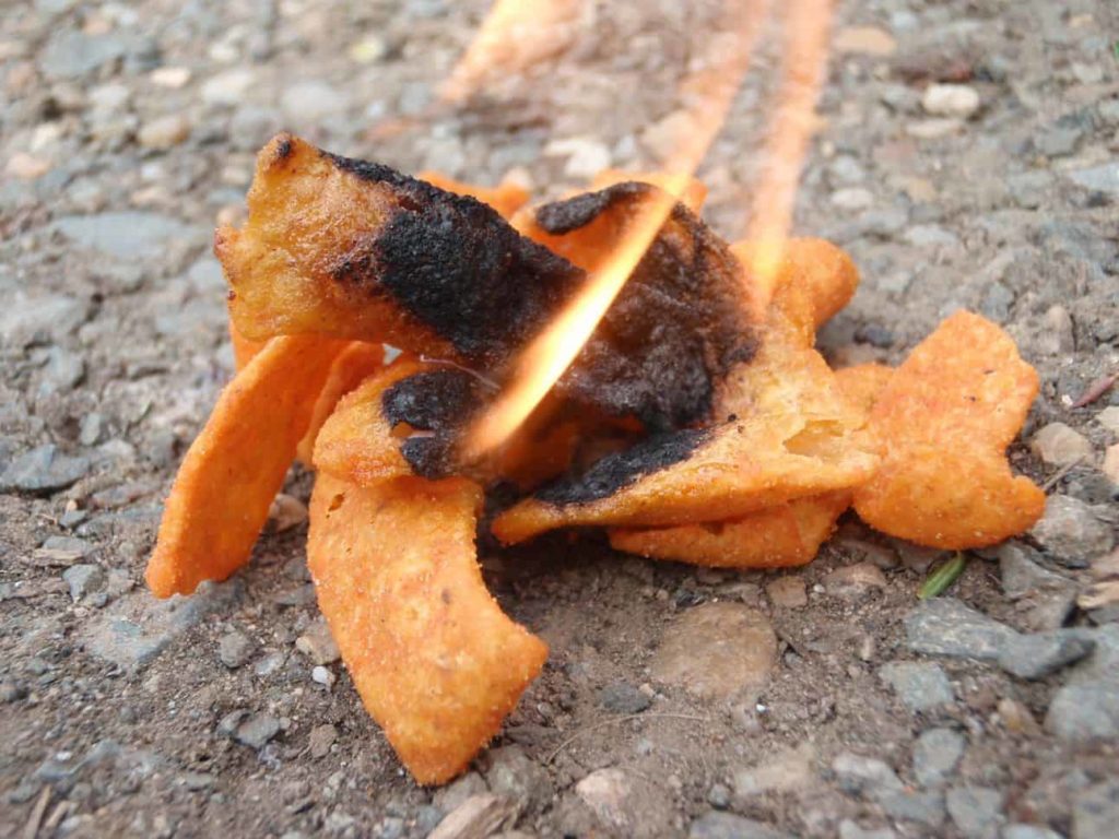 Corn chips burning outdoors