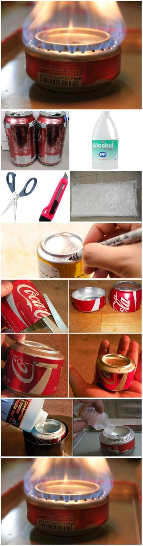 Photo sequence showing an improvised alcohol stove made from a can