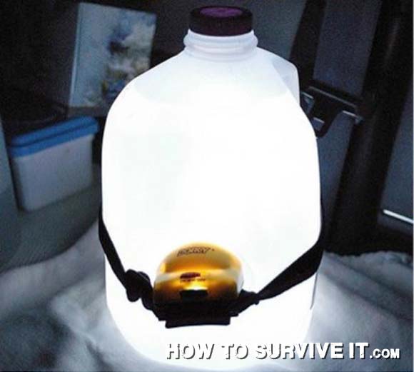 Headlamp shining into a translucent water jug