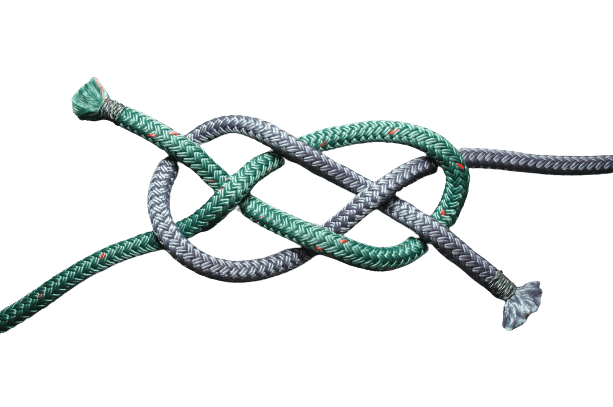 Carrick bend tied with gray and green ropes