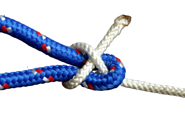 Sheet bend tied with blue and white ropes