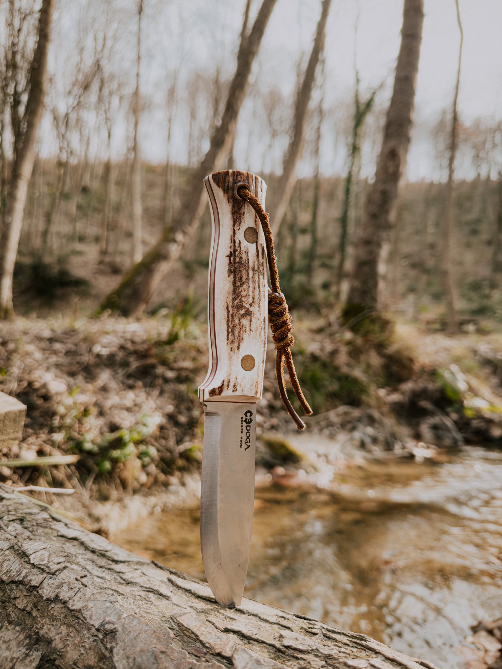 Survival knife embedded in a log beside a woodland stream