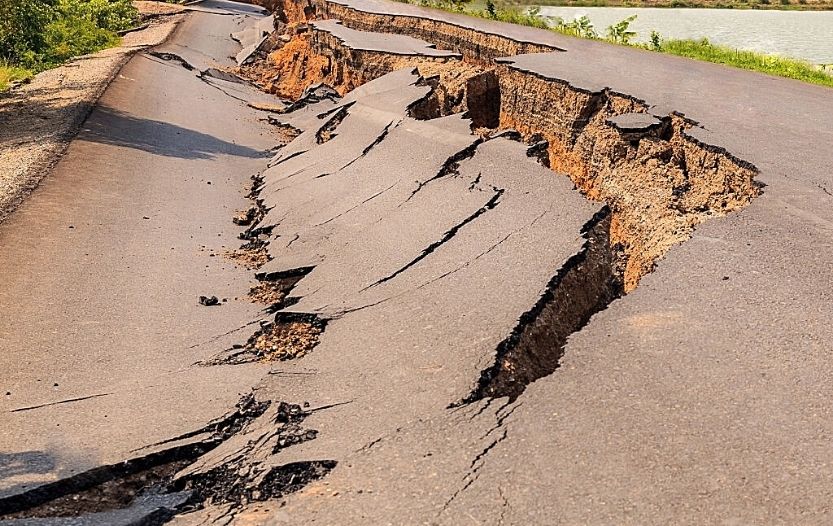 Road severely damaged after a natural disaster