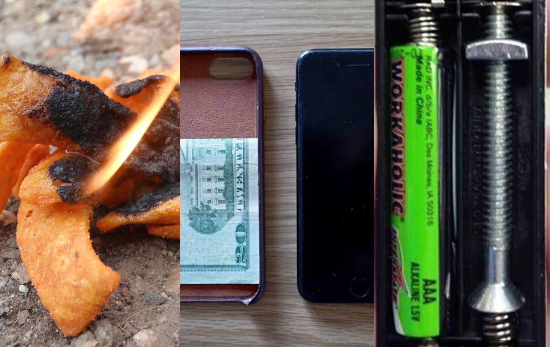 Collage of improvised survival ideas including tinder, emergency cash, and a battery spacer