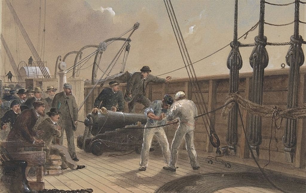 Historical illustration of sailors handling rope and rigging on a ship
