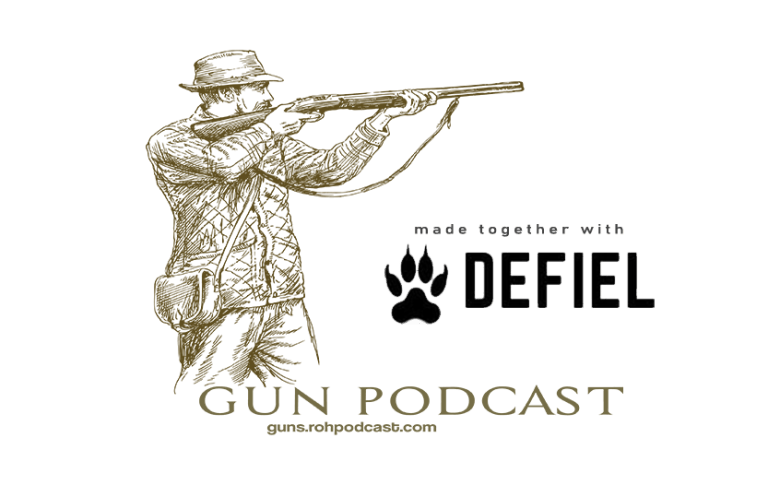 Gun Podcast logo and episode cover man shooting shotgun